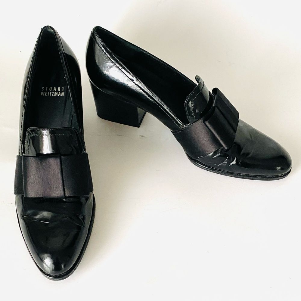 Stuart Weitzman Atabow Black Patent Leather Block Heels Sz 8 Romantic Victoria